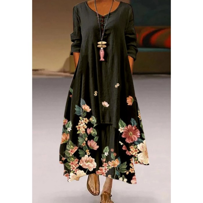 Fashion Peacock Feather Floral Bubble Short Sleeve Party  Maxi Dress