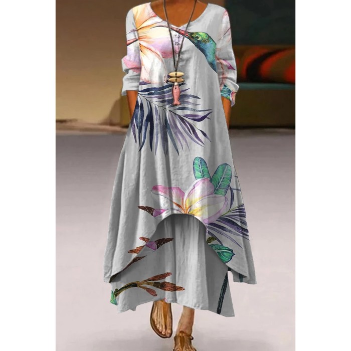 Women's Floral Print Long Sleeve Mid Waist V Neck Irregular Casual Dress