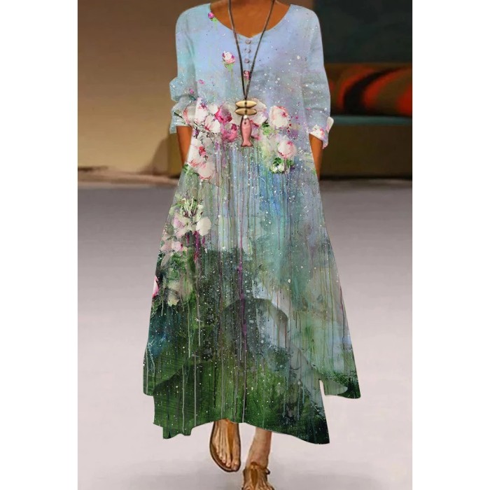V Neck Long Sleeves Women's Street Bohemian Loose  Casual Dress