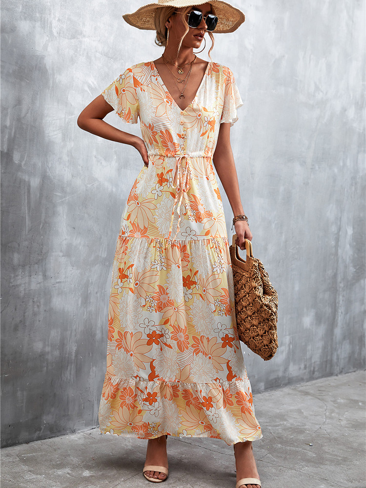 Casual Floral Print Lace Up Ruffle V Neck Printed Dresses