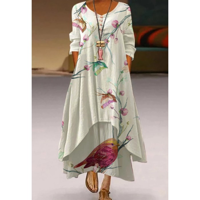 Fashion Peacock Feather Floral Bubble Short Sleeve Party  Maxi Dress