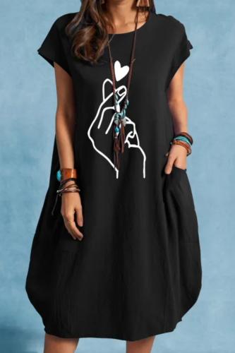 Casual O-Neck Heart Printed Linen Loose Dress