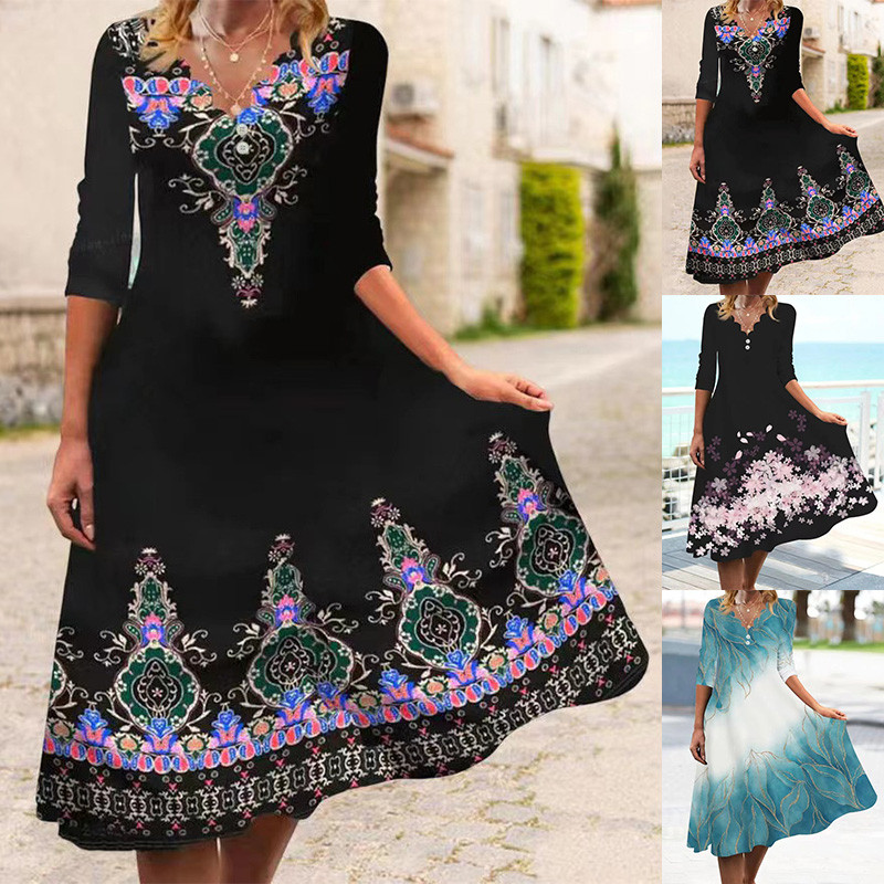 Elegant V Neck Casual Loose Printed Vintgae Boho Dress