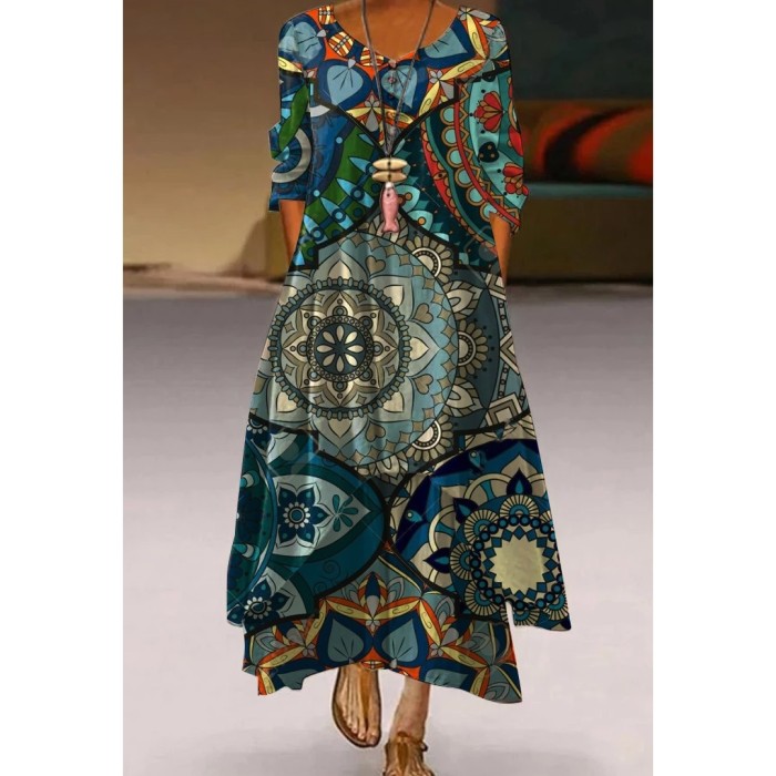 Fashion Peacock Feather Floral Bubble Short Sleeve Party  Maxi Dress