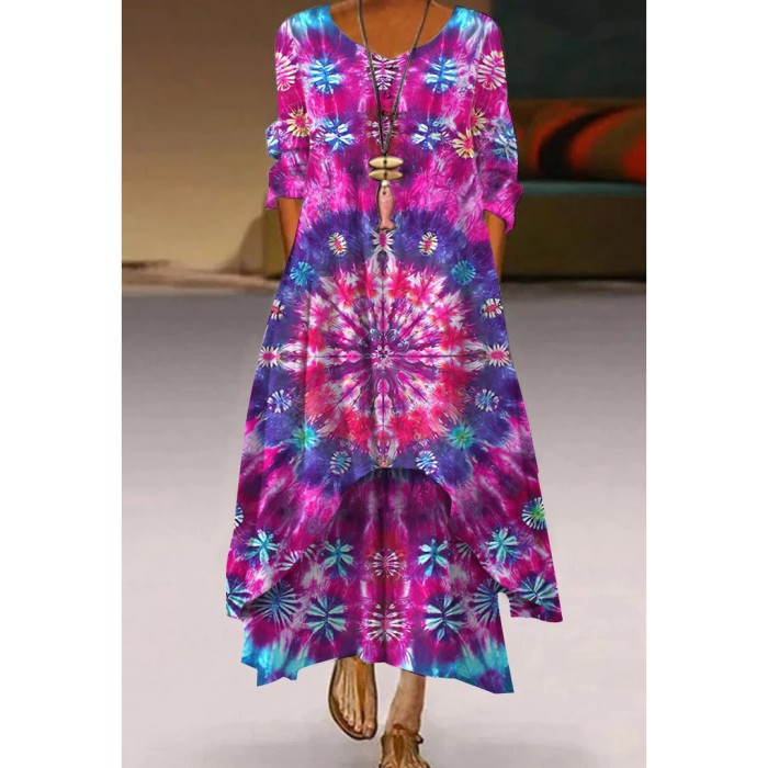 Fashion Floral Print Retro Boho Long Sleeve Casual O Neck Loose  Maxi Dress