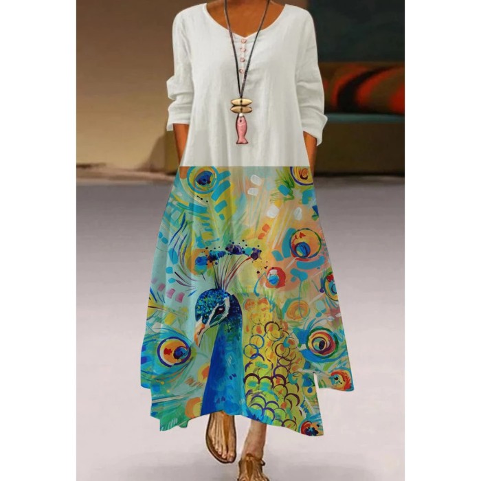 Fashion Peacock Feather Floral Bubble Short Sleeve Party  Maxi Dress