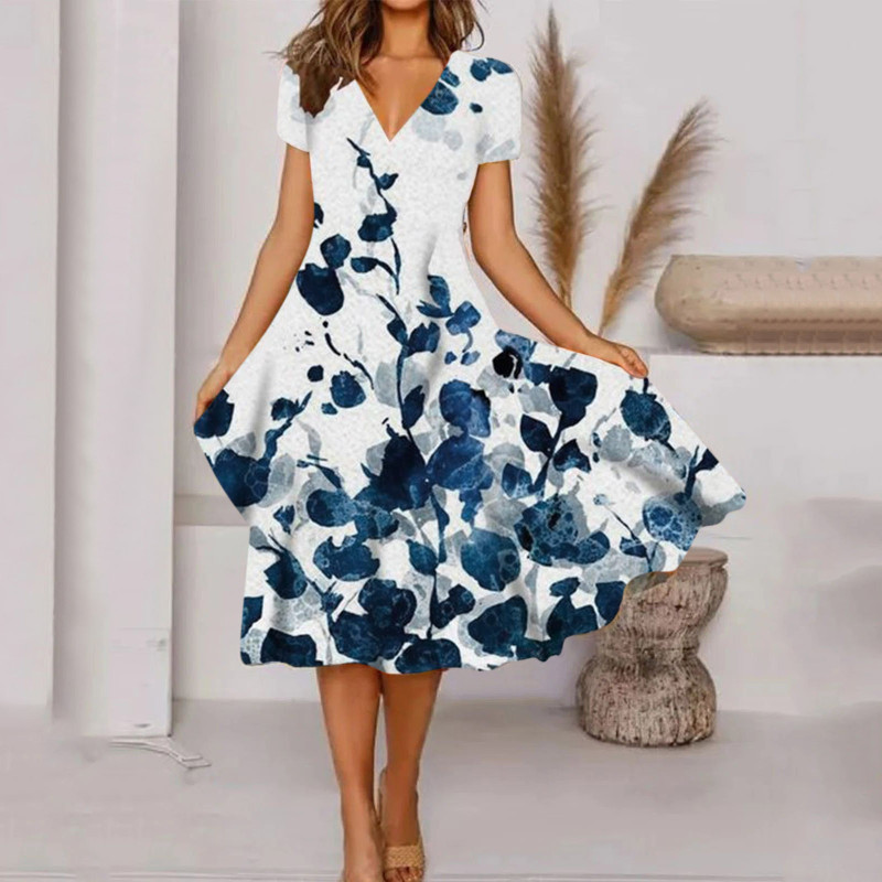Casual V Neck Short Sleeve Elegant Printing Loose Dress