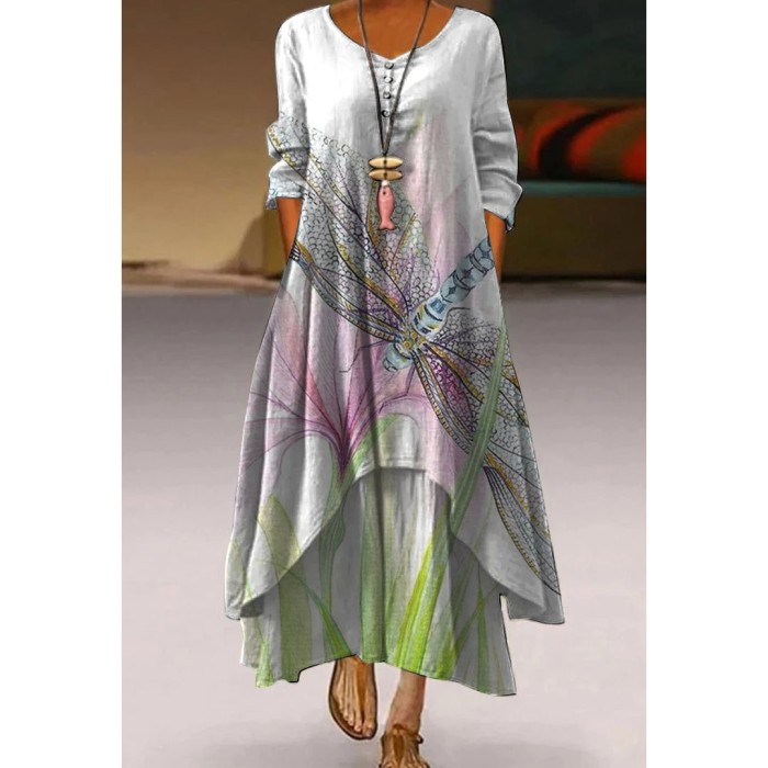 Fashion Elegant Butterfly Print Long Sleeve Retro  Casual Dress