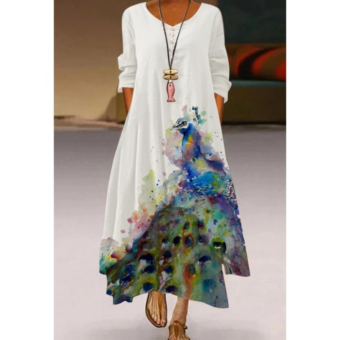 Fashion Peacock Feather Floral Bubble Short Sleeve Party  Maxi Dress