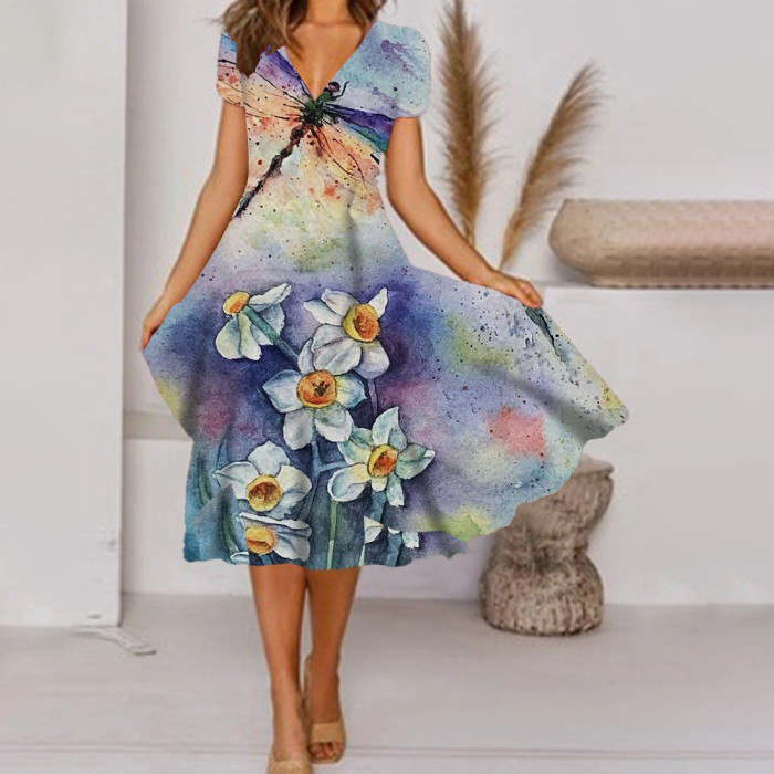 Elegant V Neck Beach Casual Loose Dress
