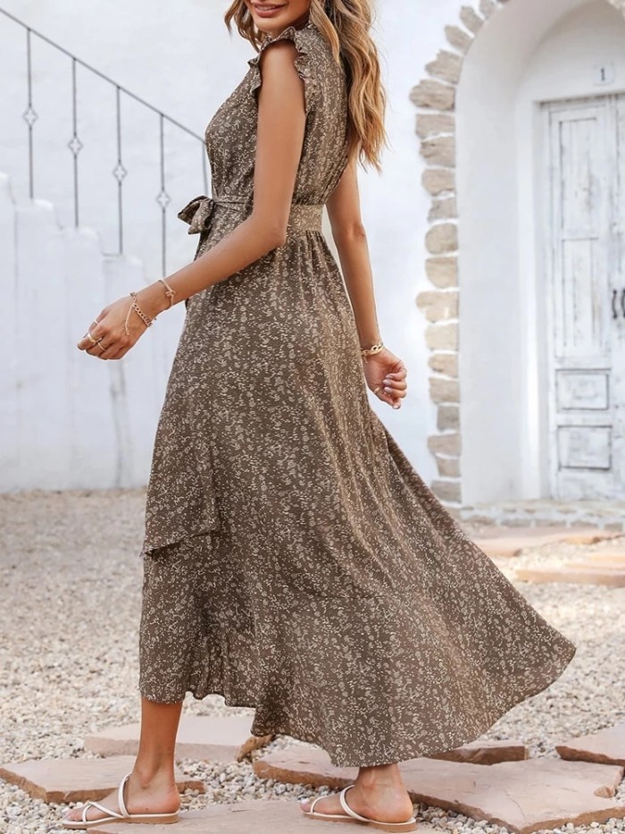Boho V Neck Floral Print Ruffle Sleeve Casual Lace Midi Dress