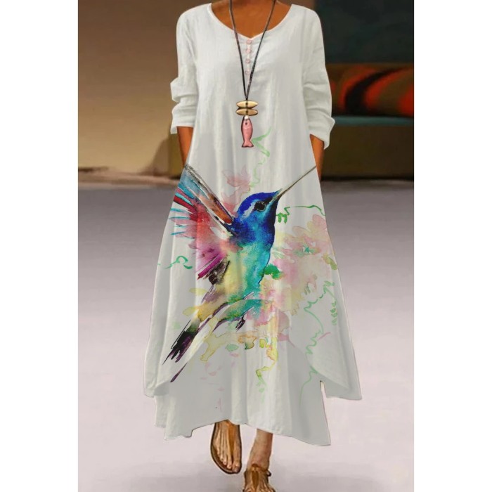 Ladies Long Sleeve V Neck Print Elegant High Waist  Maxi Dress