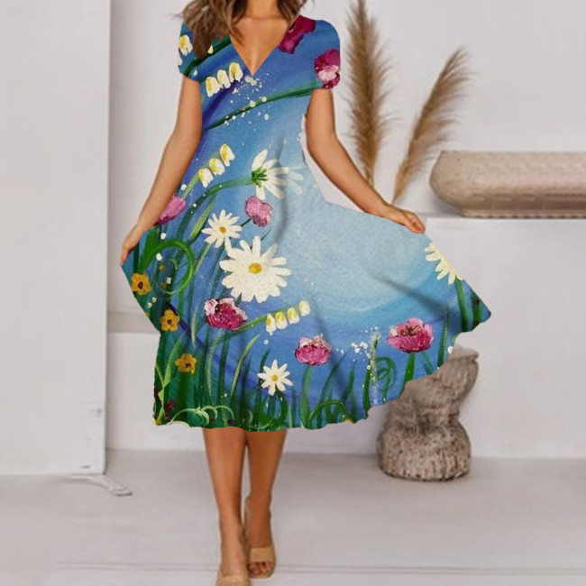 Fashion Casual Vintage V Neck Floral Dress