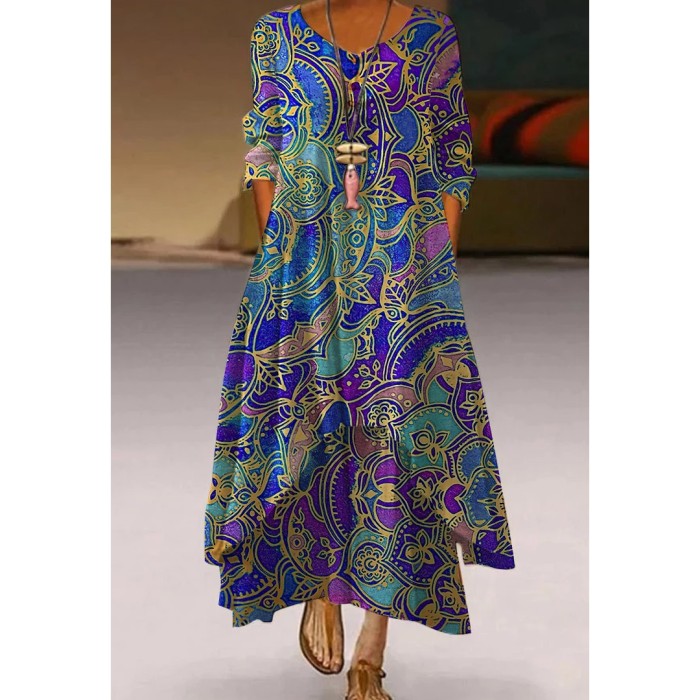 Fashion Peacock Feather Floral Bubble Short Sleeve Party  Maxi Dress