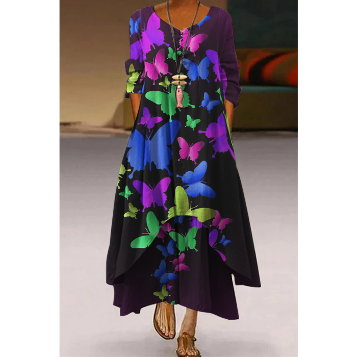 Fashion Long Sleeve V Neck Loose Casual  Maxi Dress