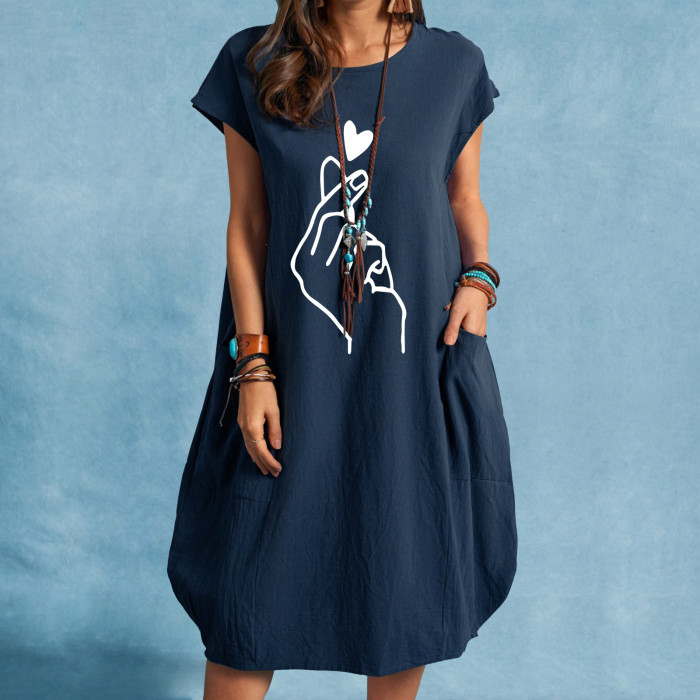 Casual O-Neck Heart Printed Linen Loose Dress