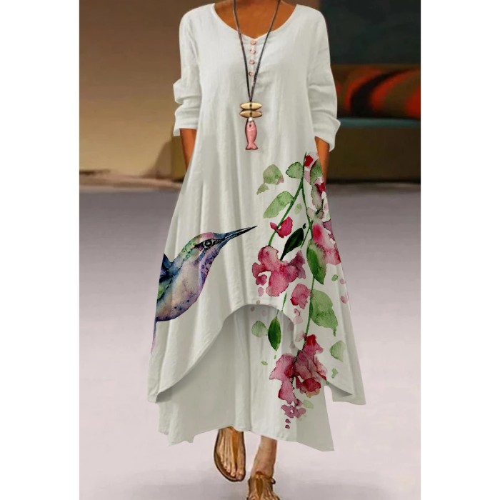 Retro Women's Casual Holiday Print Simple Long Sleeve  Maxi Dress