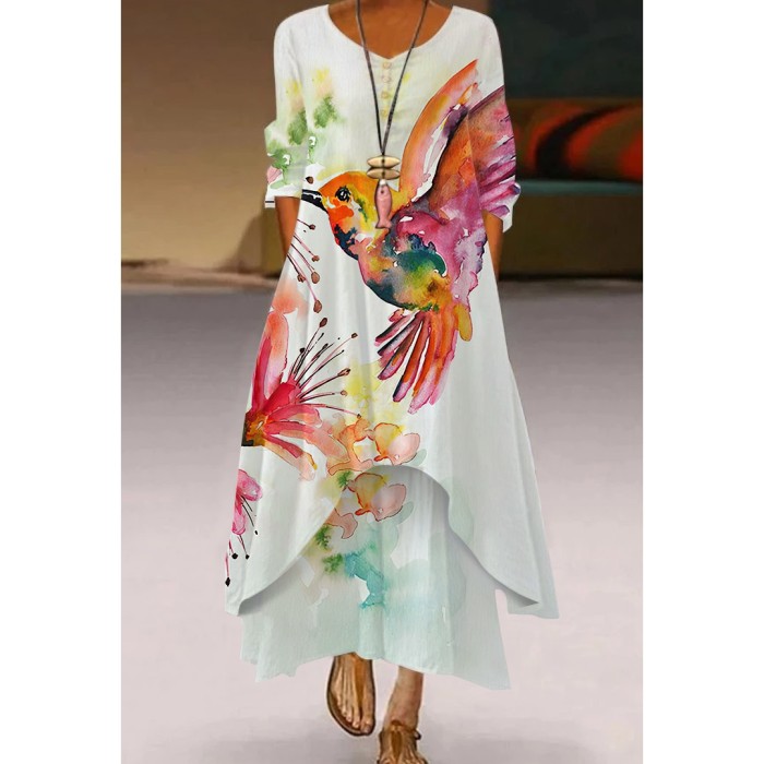3D Printing Pattern Loose Long Sleeves Party  V Neck Casual Dress