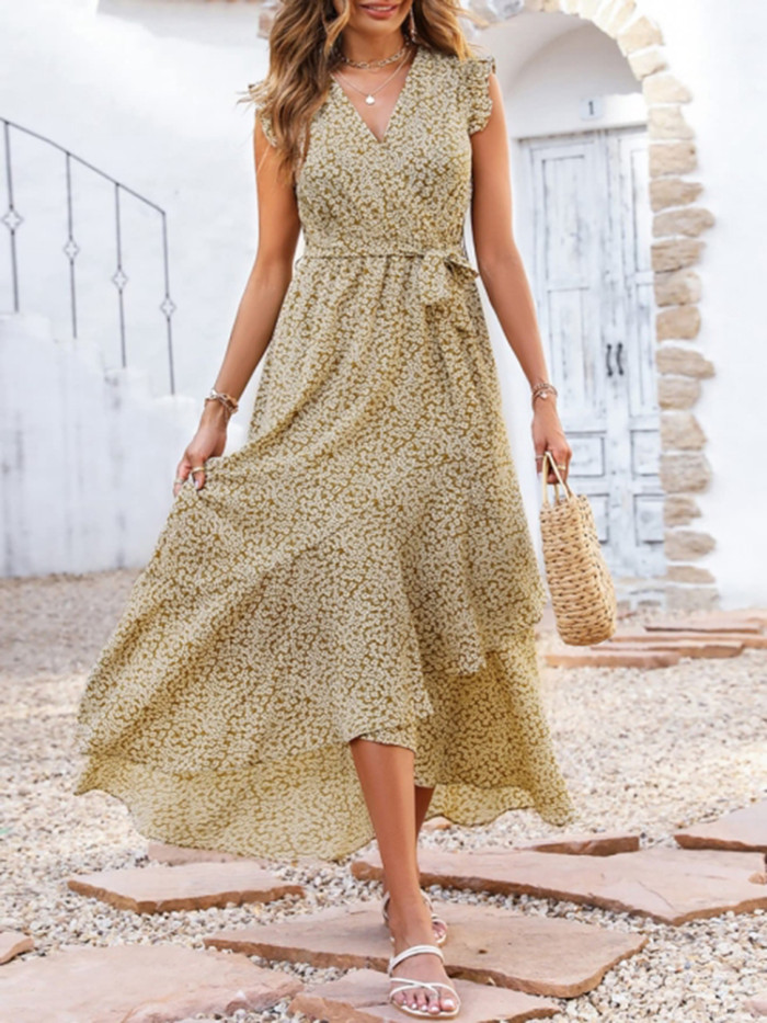 Boho V Neck Floral Print Ruffle Sleeve Casual Lace Midi Dress