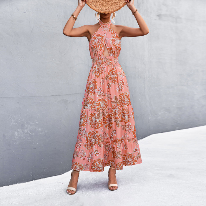 Print Floral Sleeveless Fashion High Waist Dress