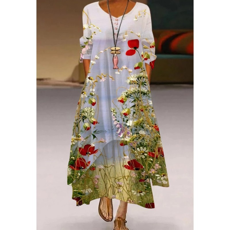 Fashion Maxi Printed Bohemian Casual Loose Long Sleeve Flowy  Maxi Dress