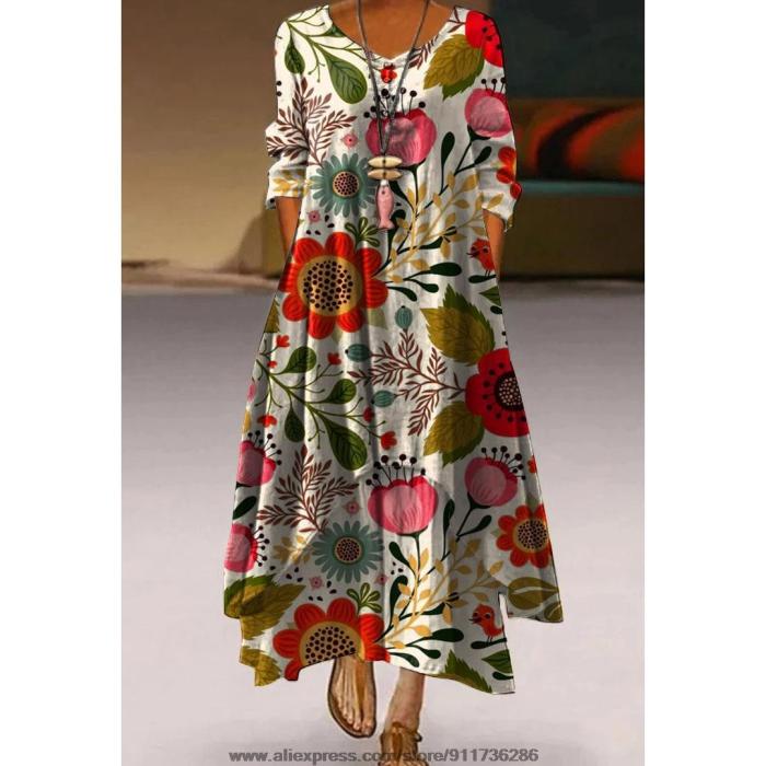 Fashion Peacock Feather Floral Bubble Short Sleeve Party  Maxi Dress