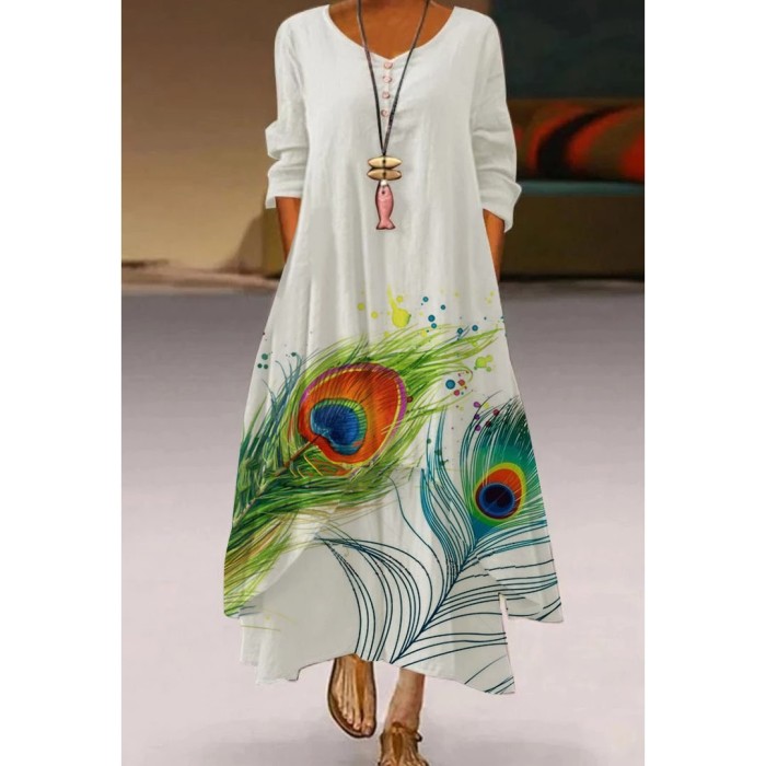 Fashion Peacock Feather Floral Bubble Short Sleeve Party  Maxi Dress