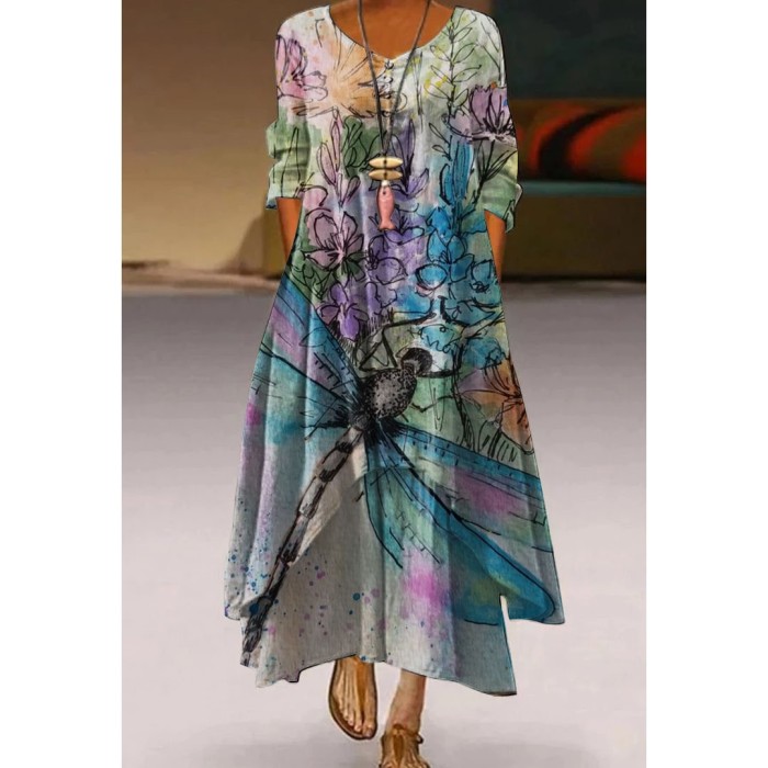 Fashion Elegant Butterfly Print Long Sleeve Retro  Casual Dress