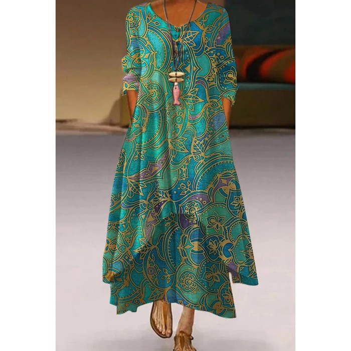 Fashion Peacock Feather Floral Bubble Short Sleeve Party  Maxi Dress