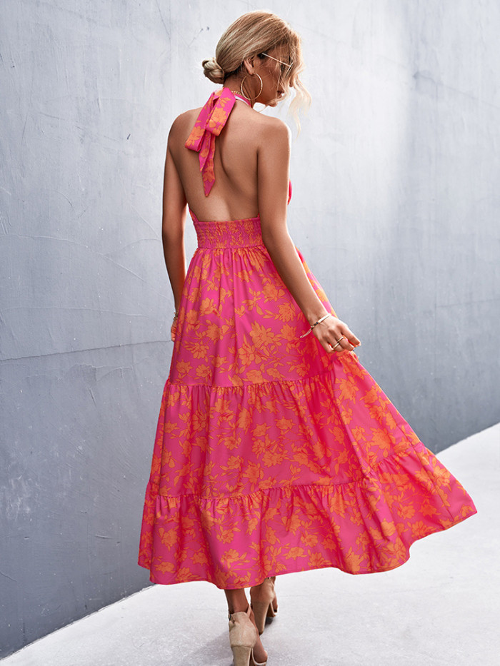 Print Floral Sleeveless Fashion High Waist Dress