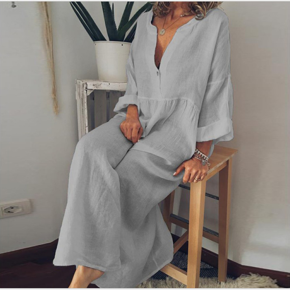 Loose Casual Cotton And Linen Long Sleeve Maxi Dress