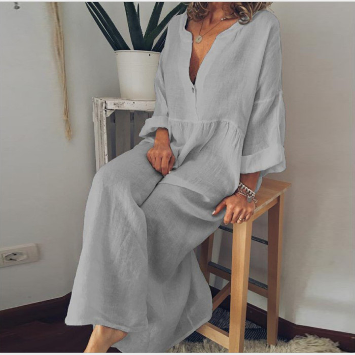 Cotton Linen Long Sleeve V-neck Casual  Vintage Maxi Dress