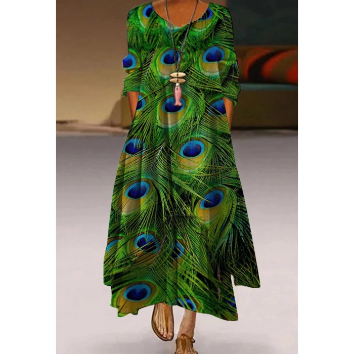 Fashion Peacock Feather Floral Bubble Short Sleeve Party  Maxi Dress