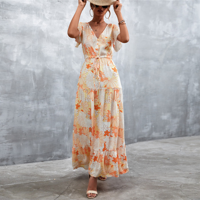 V Neck Floral Print Fashion Ruffle Dress