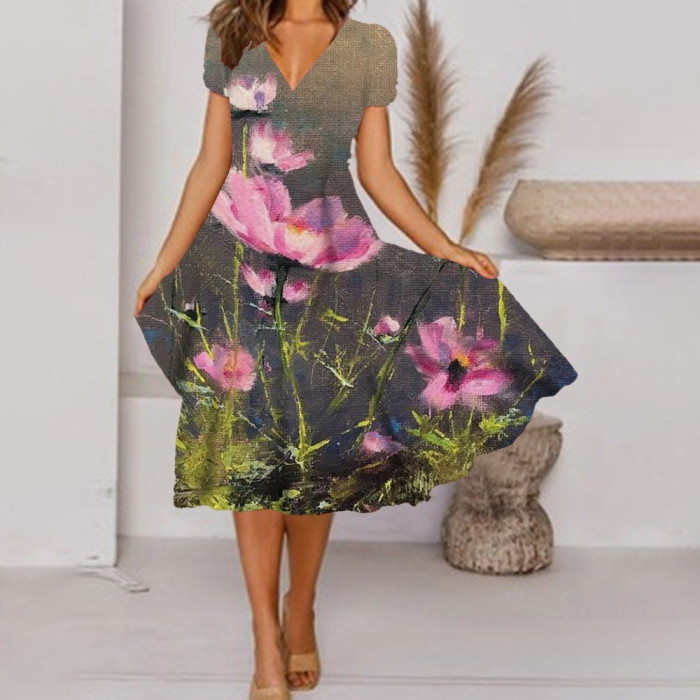 Elegant V Neck Beach Casual Loose Dress