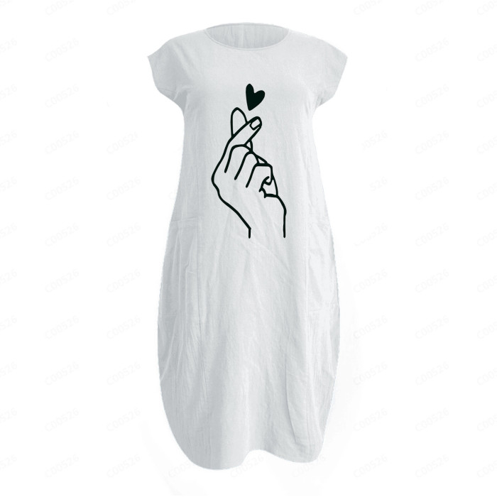 Casual O-Neck Heart Printed Linen Loose Dress