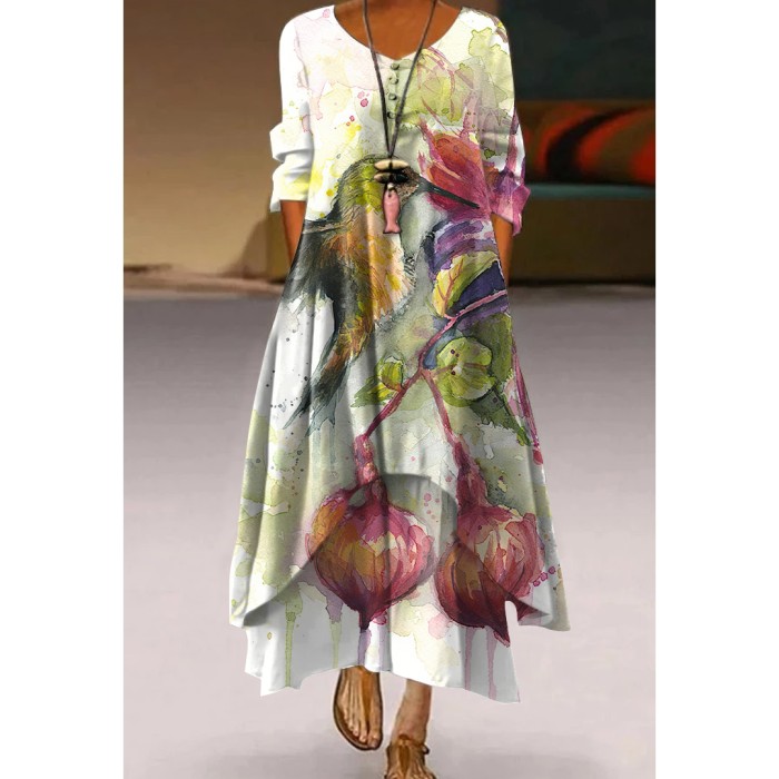 Retro Women's Casual Holiday Print Simple Long Sleeve  Maxi Dress
