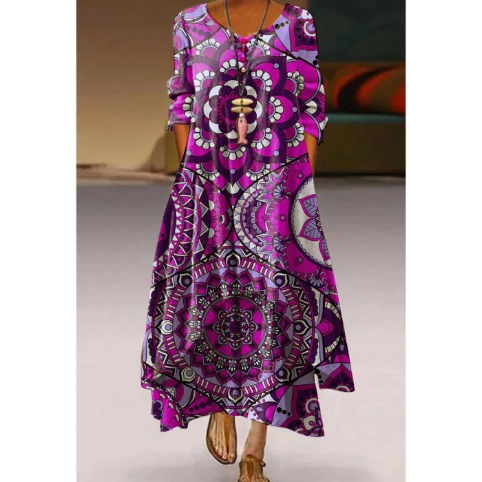 Fashion Peacock Feather Floral Bubble Short Sleeve Party  Maxi Dress