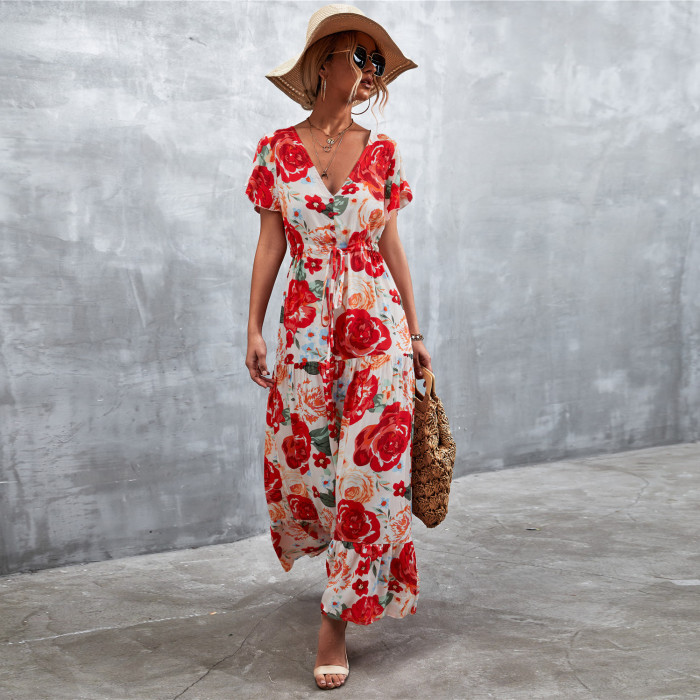 V Neck Floral Print Fashion Ruffle Dress