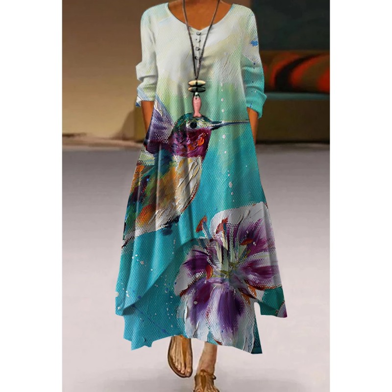 Retro Women's Casual Holiday Print Simple Long Sleeve  Maxi Dress