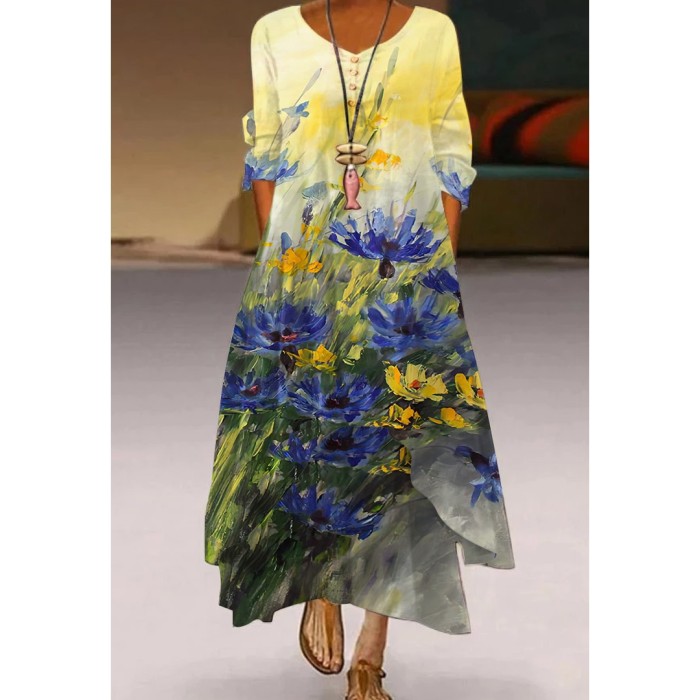 V Neck Long Sleeves Women's Street Bohemian Loose  Casual Dress