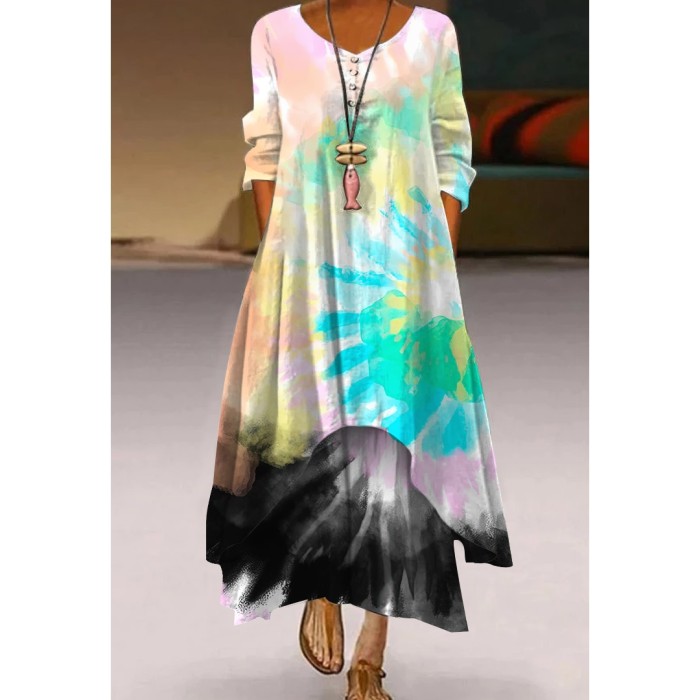Fashion Floral Print Retro Boho Long Sleeve Casual O Neck Loose  Maxi Dress