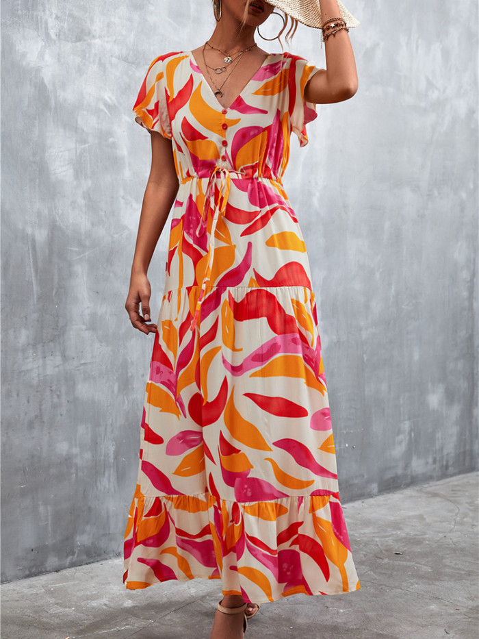 V Neck Floral Print Fashion Ruffle Dress