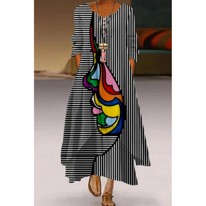Floral Style Long Sleeved Loose Casual Dress