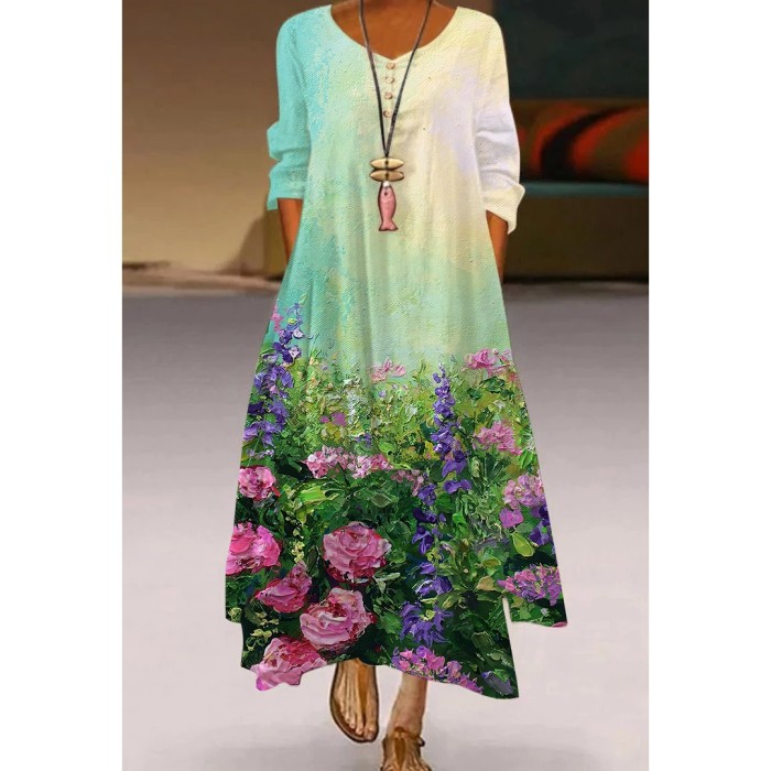 Fashion Maxi Printed Bohemian Casual Loose Long Sleeve Flowy  Maxi Dress