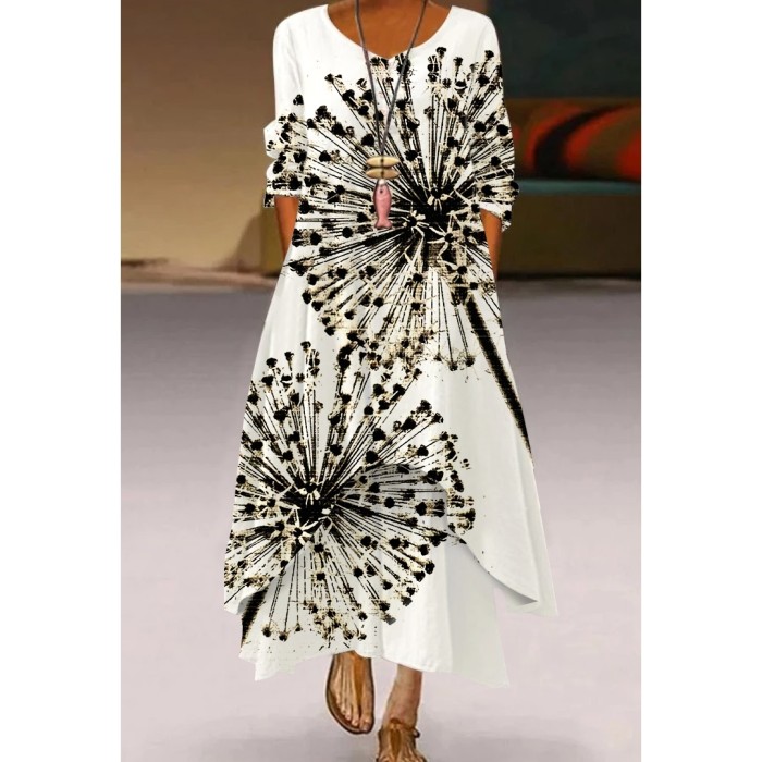 3D Printing Pattern Loose Long Sleeves Party  V Neck Casual Dress