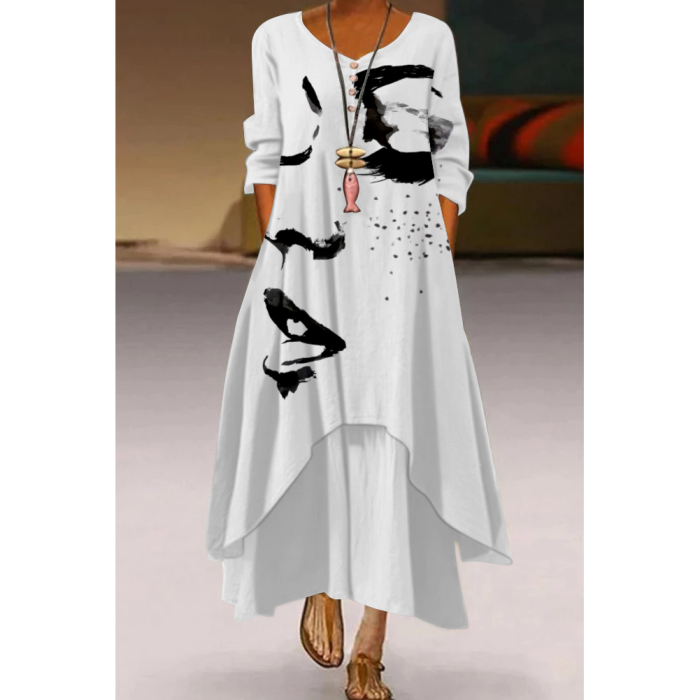 Fashion Print Full Sleeve V Neck Party Casual Loose Maxi Dress