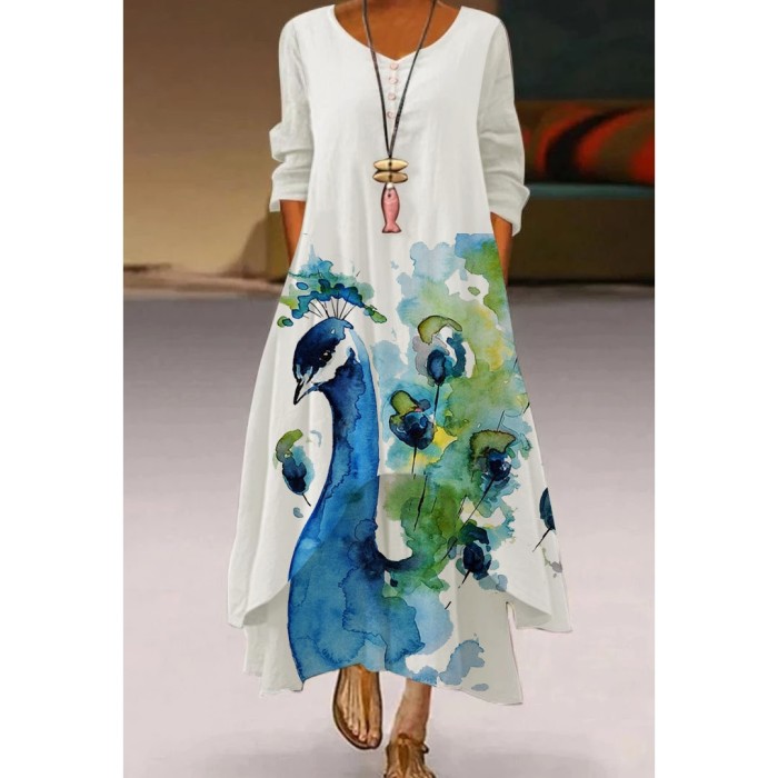 Fashion Peacock Feather Floral Bubble Short Sleeve Party  Maxi Dress