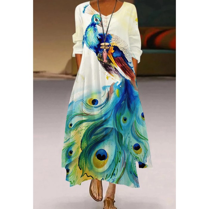 3D Printing Pattern Loose Long Sleeves Party  V Neck Casual Dress
