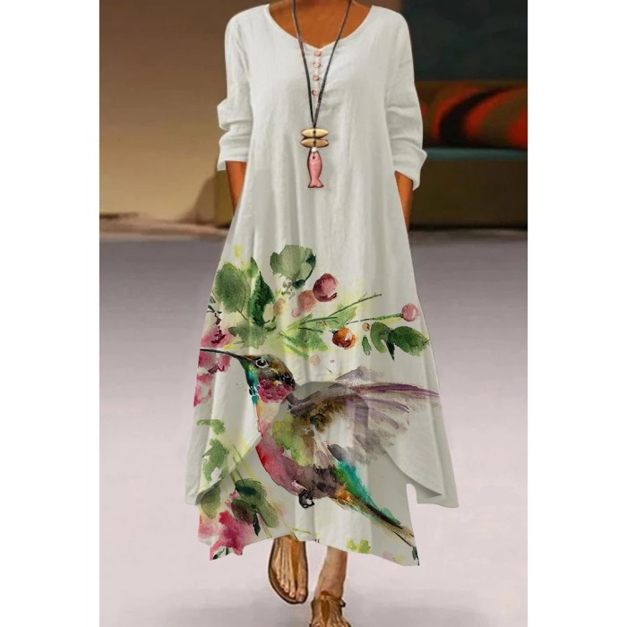 Women's V-neck Vintage Floral Loose Casual  Maxi Dress
